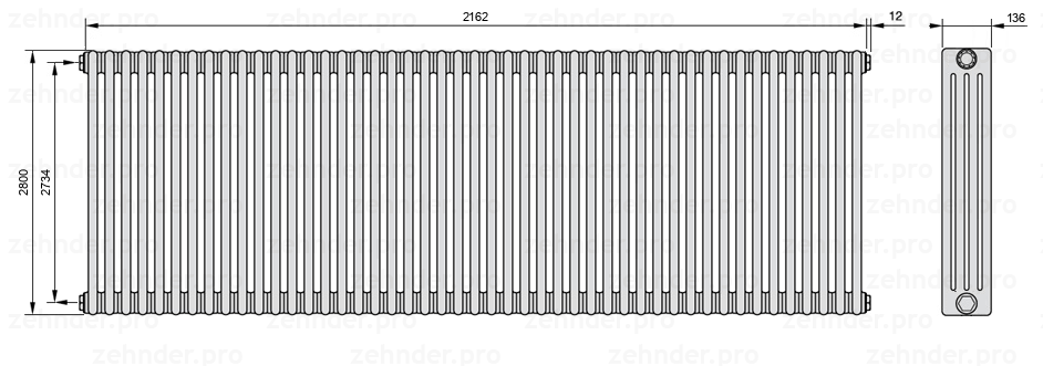 Схема (чертеж) Радиатор Zehnder Charleston 4280/47 №1270 Белый глянцевый RAL 9016